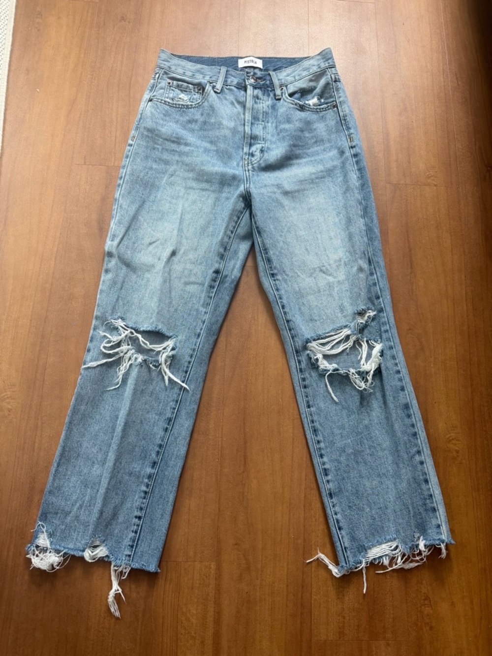 pistola light blue distressed straight leg jeans with ripped knees